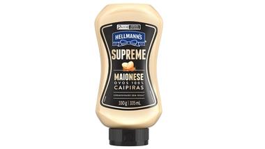 Chai sốt mayonnaise Hellmann's Supreme trong chai bóp màu đen và kem, 330 g/335 mL