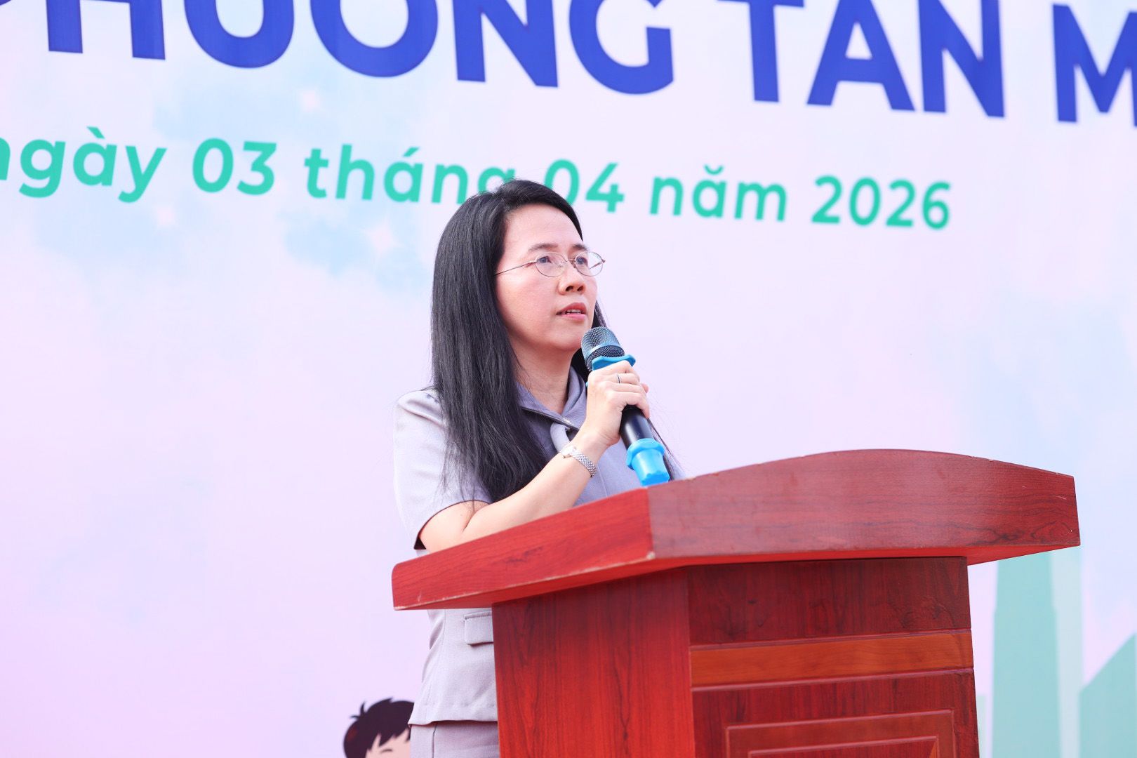 Bà Nguyễn Thị Bé Ngoan - Chủ tịch Ủy ban nhân dân phường Tân Mỹ phát biểu tại sự kiện