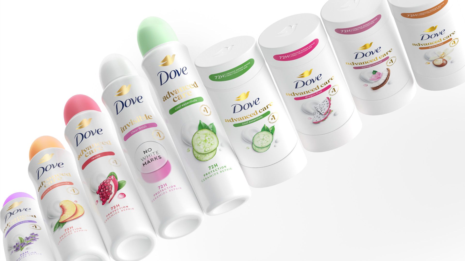 Dòng sản phẩm lăn xịt và sáp khử mùi Dove với các nắp màu hồng, xanh lá, tím và cam.